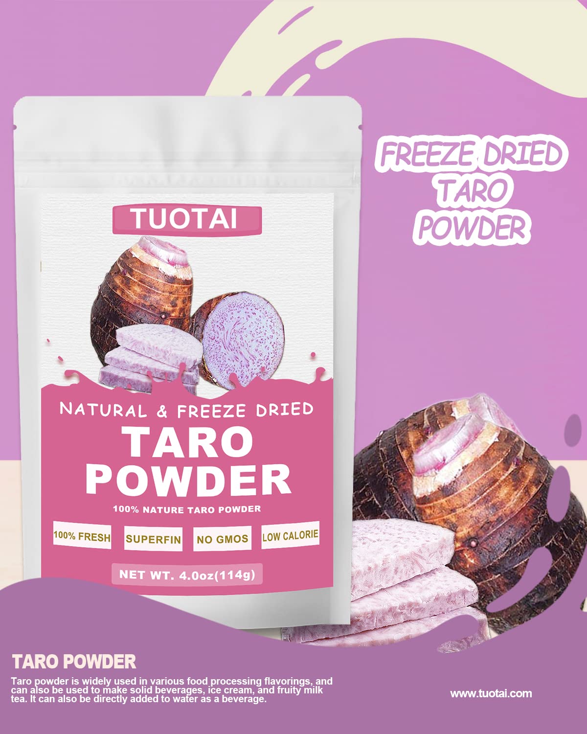 TUOTAI Freeze Taro Powder bowl ready to mix into beverages and desserts