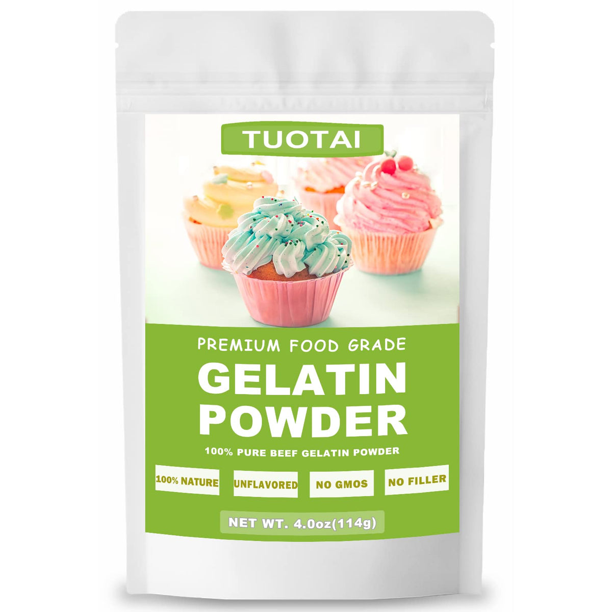 TUOTAI gelatin powder packaging showing a 4 oz jar ideal for precise cake recipes