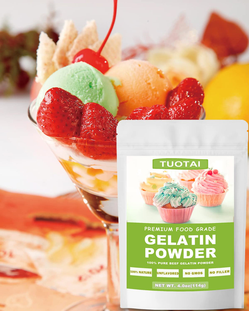 TUOTAI gelatin powder label highlights gluten-free and keto-friendly properties