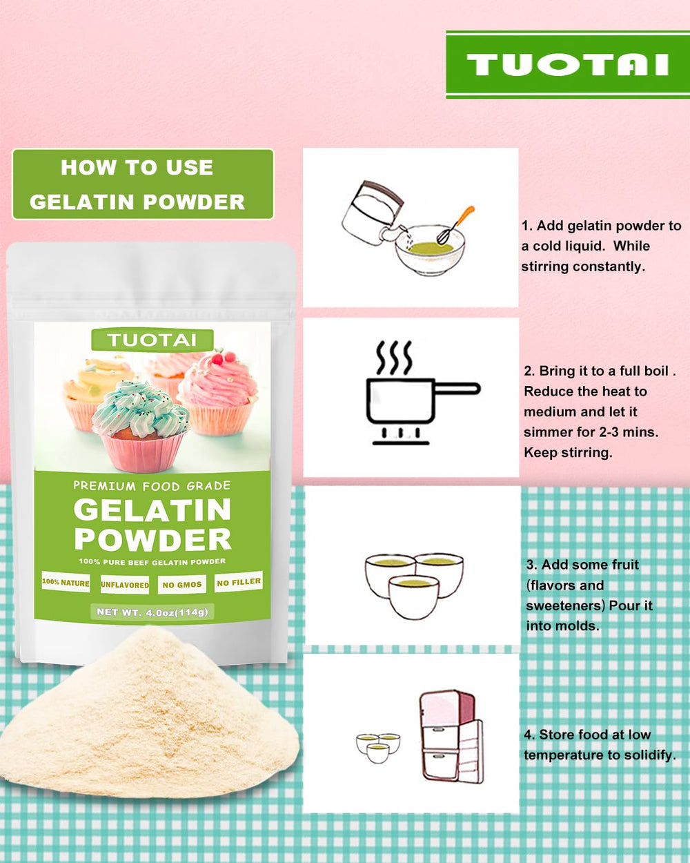 TUOTAI gelatin powder in a clear jar with jelly molds, great for desserts