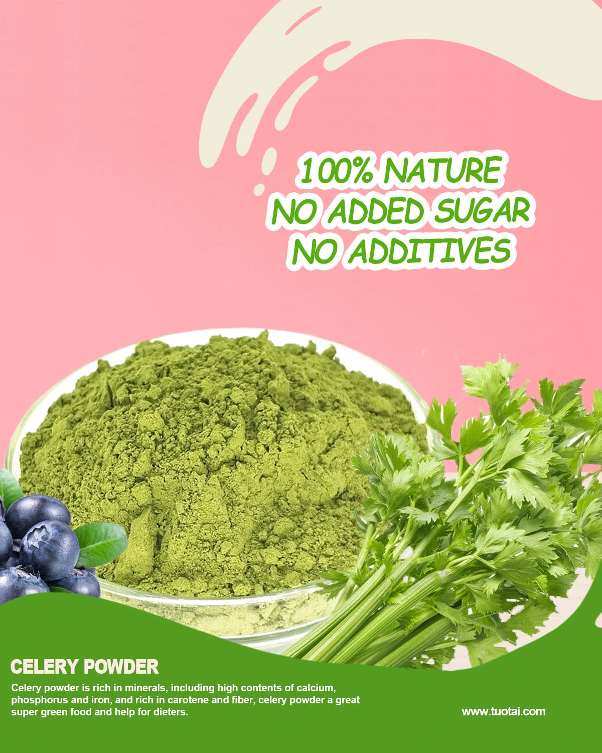 TUOTAI Celery Powder closeup reveals vibrant green, fiber-rich powder