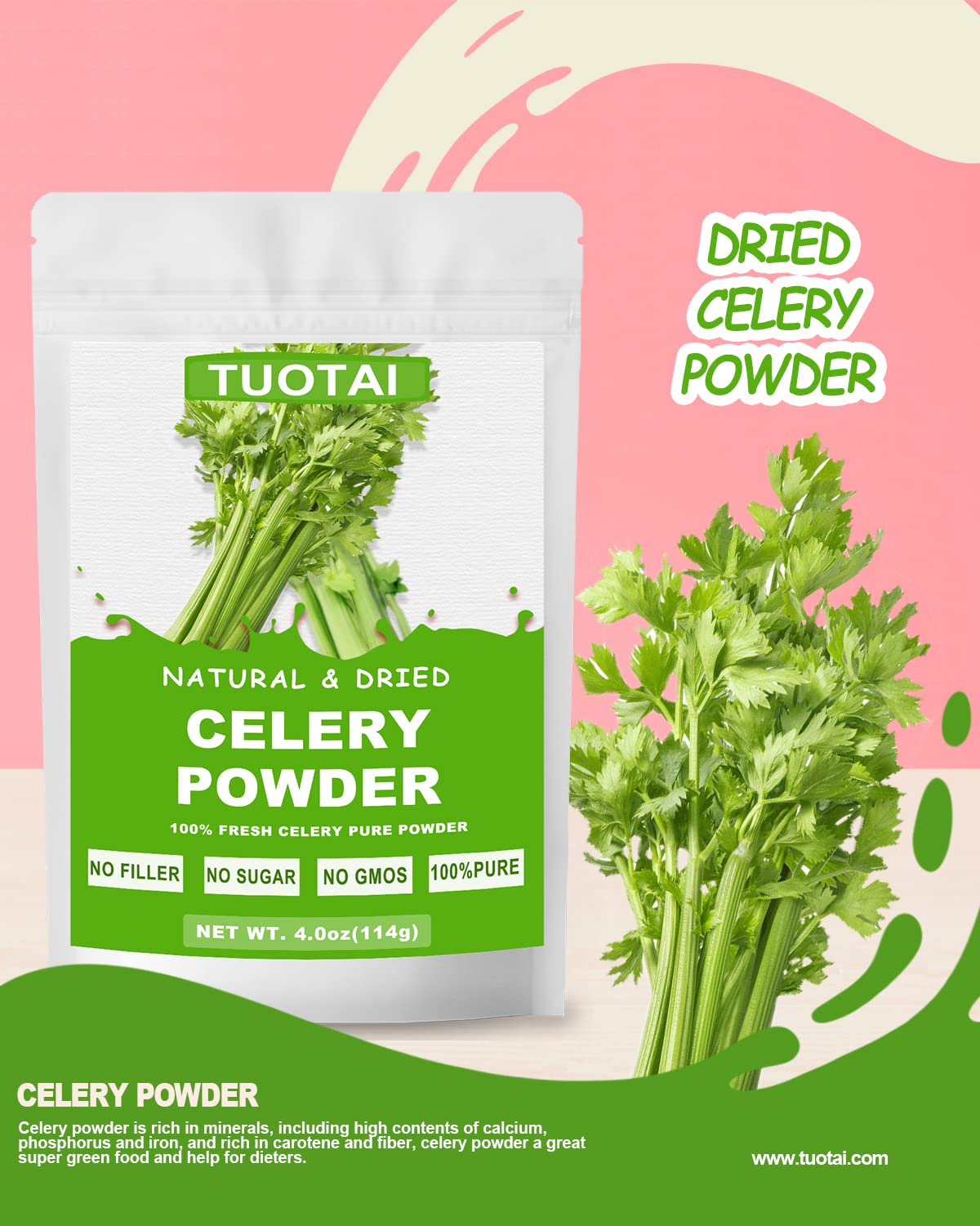 TUOTAI Celery Powder jar highlights GMO-free, additive-free ingredient for cooking