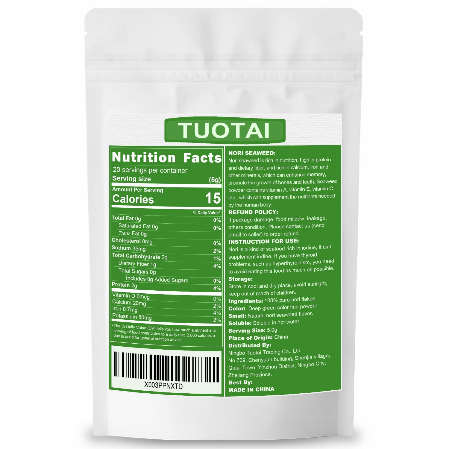 TUOTAI Nori flakes packaging on shelf signals vegan, GMO-free seaweed seasoning.