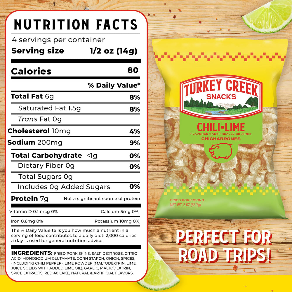 Turkey Creek Chili Lime Chicharrones bag back highlighting ingredients and keto-friendly profile.