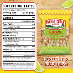 Turkey Creek Chili Lime Chicharrones bag back highlighting ingredients and keto-friendly profile.