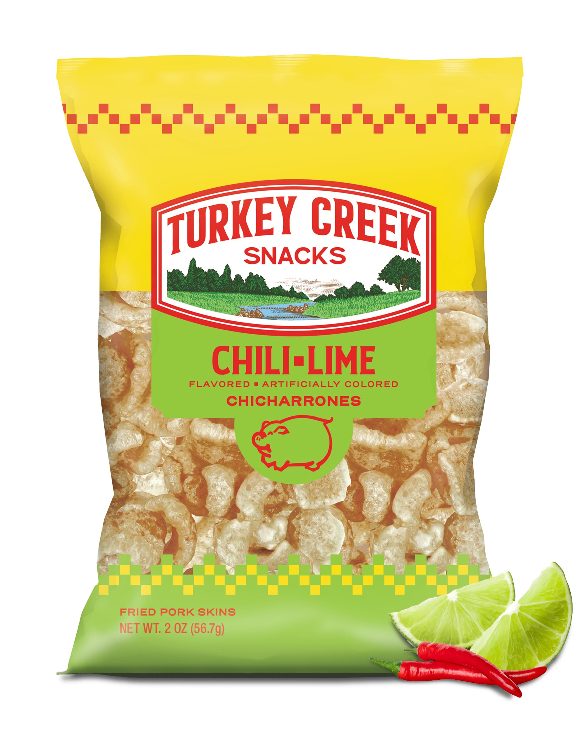 Turkey Creek Chili Lime Chicharrones bag front showing bold flavor for on-the-go snacking.