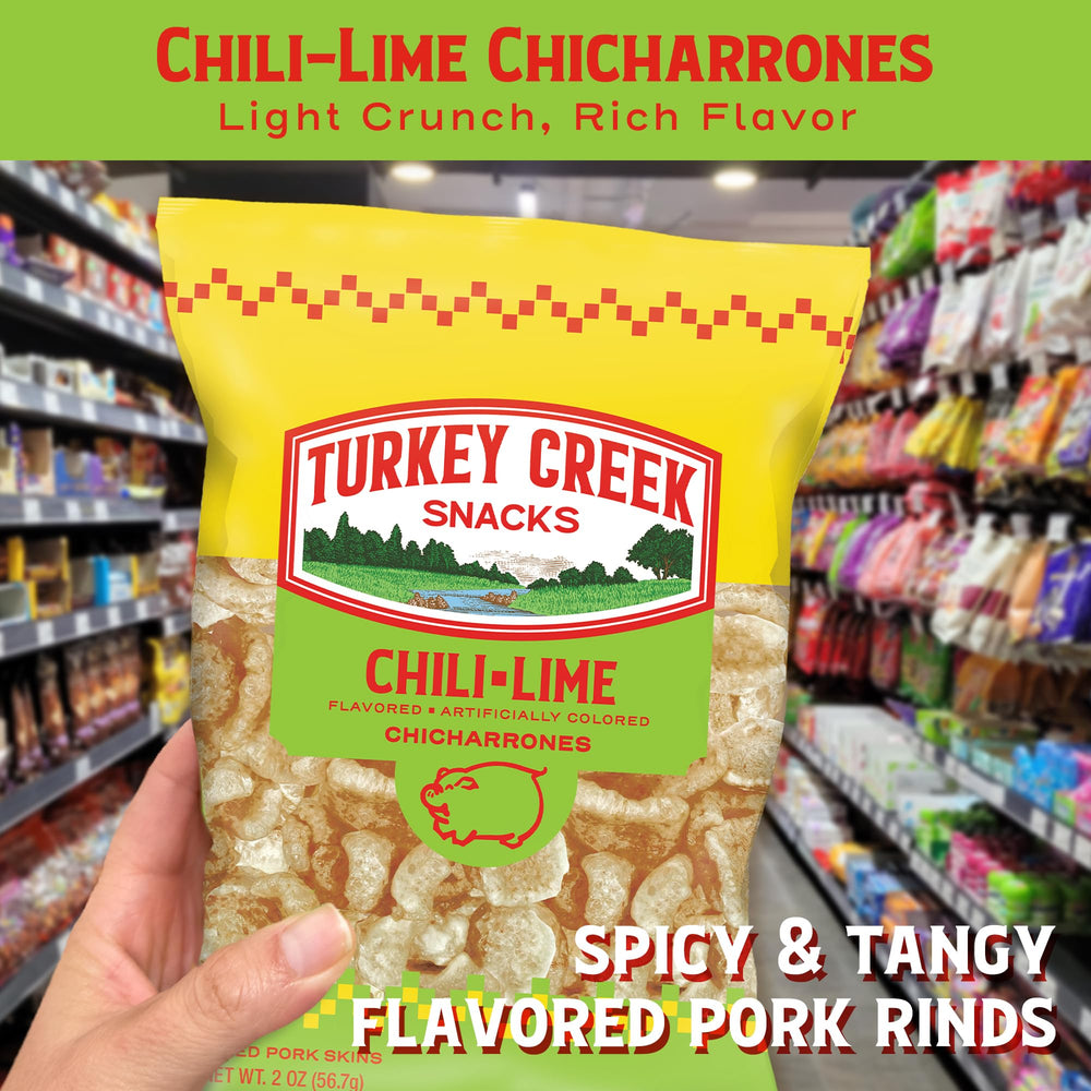 Turkey Creek Chili Lime Chicharrones close-up reveals crispy, seasoned texture.