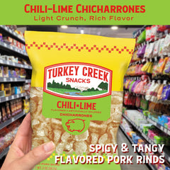 Turkey Creek Chili Lime Chicharrones close-up reveals crispy, seasoned texture.