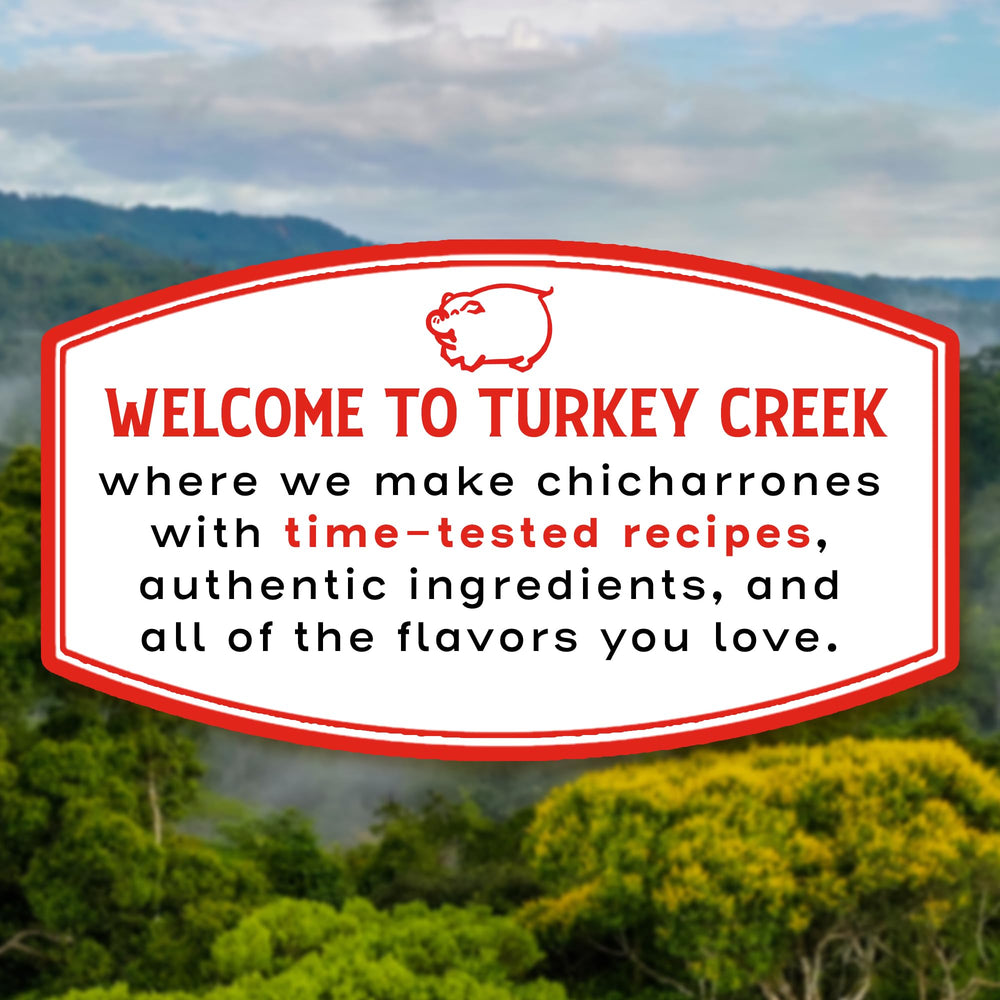 Turkey Creek Chili Lime Chicharrones packaging shows 2 oz per bag in a 12-pack.