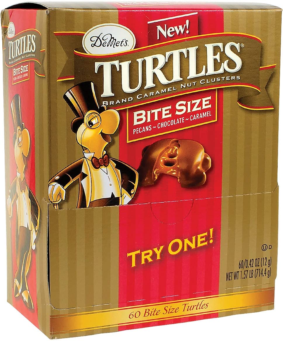 Turtles Original Bite Size pieces in a 60-piece box, creamy caramel and pecans for a quick indulgent treat.