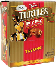 Turtles Original Bite Size pieces in a 60-piece box, creamy caramel and pecans for a quick indulgent treat.
