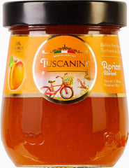 Tuscanini apricot preserves jar front view, ideal for toast and breakfast spreads.