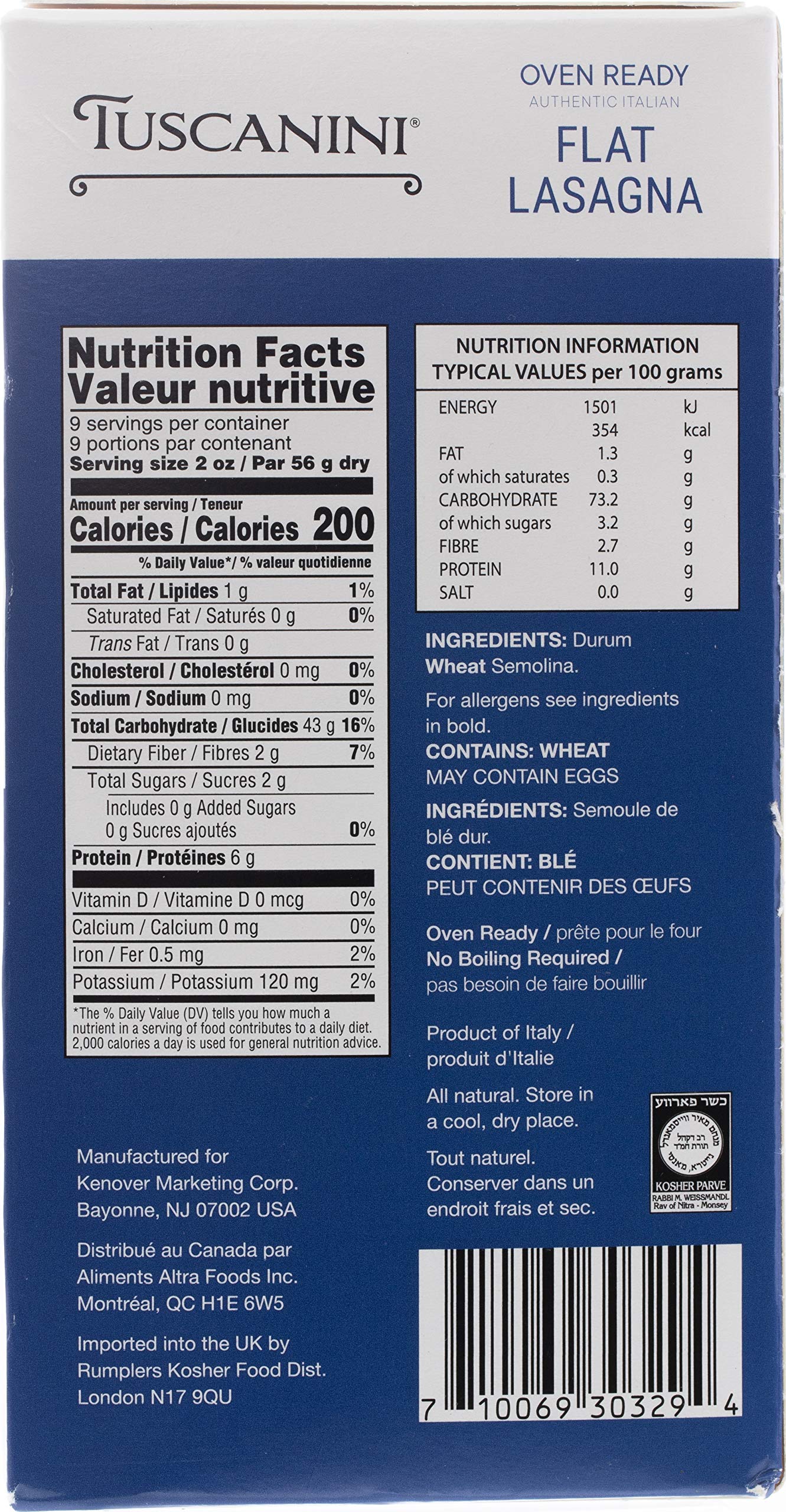 Tuscanini authentic flat lasagna durum wheat pack highlighting premium ingredients.