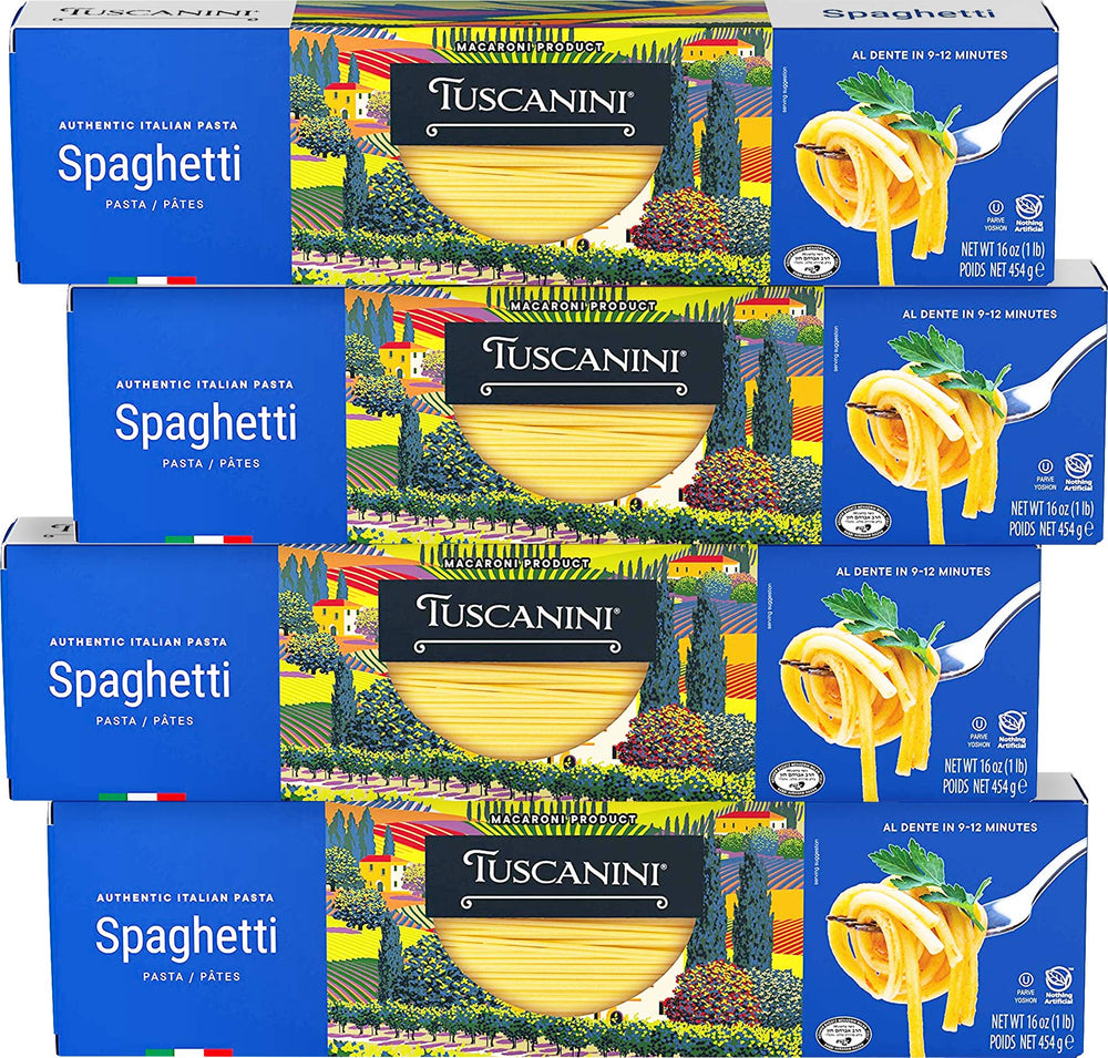Tuscanini authentic spaghetti pasta package showing premium durum wheat for authentic texture
