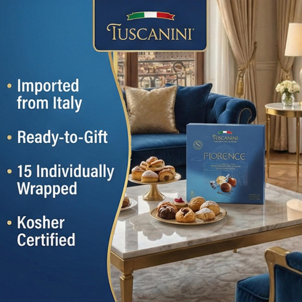 Tuscanini blue gift box detail, premium presentation for celebrations.