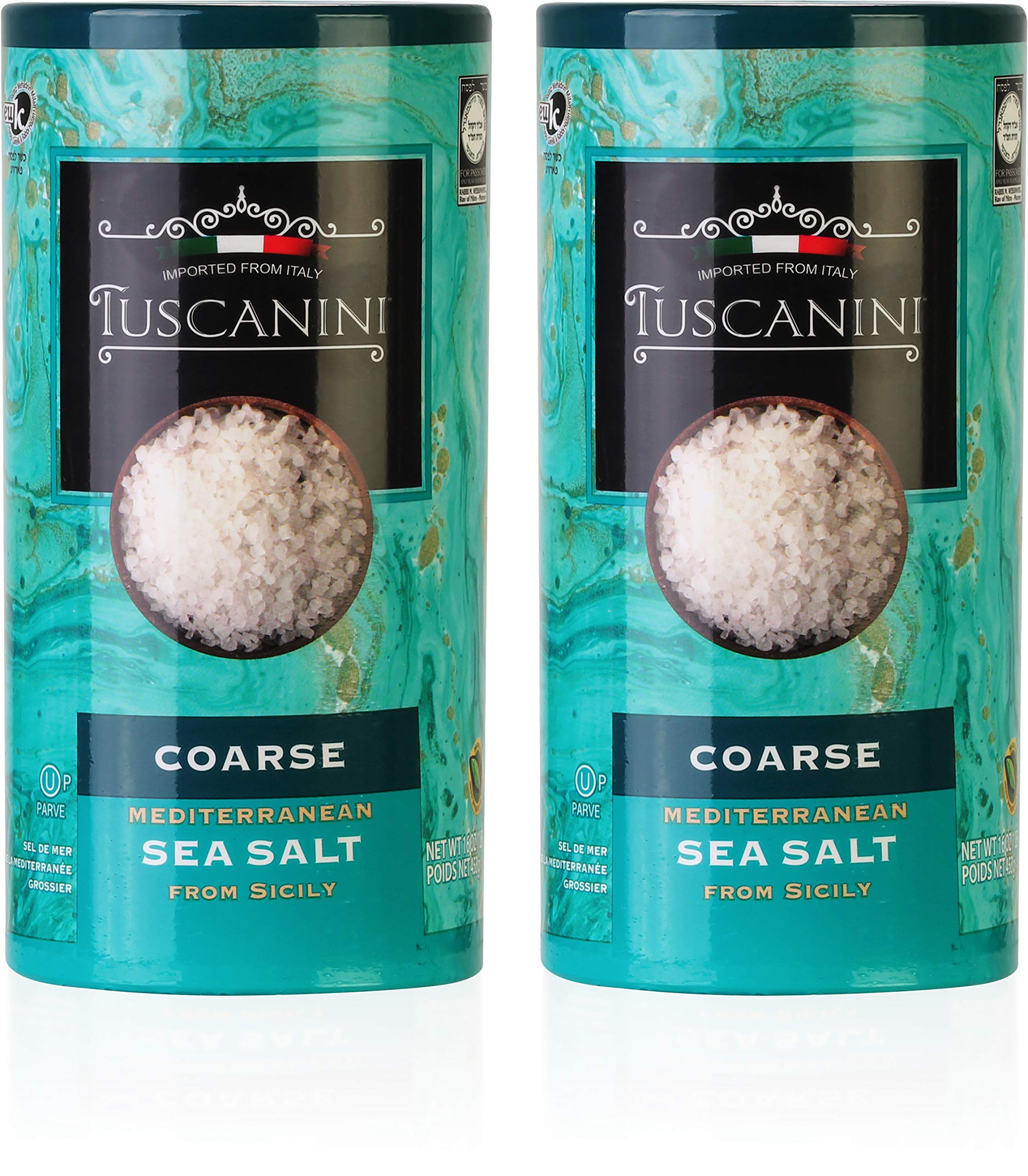 Tuscanini coarse sea salt packaging showcases premium quality for elegant kitchen use.