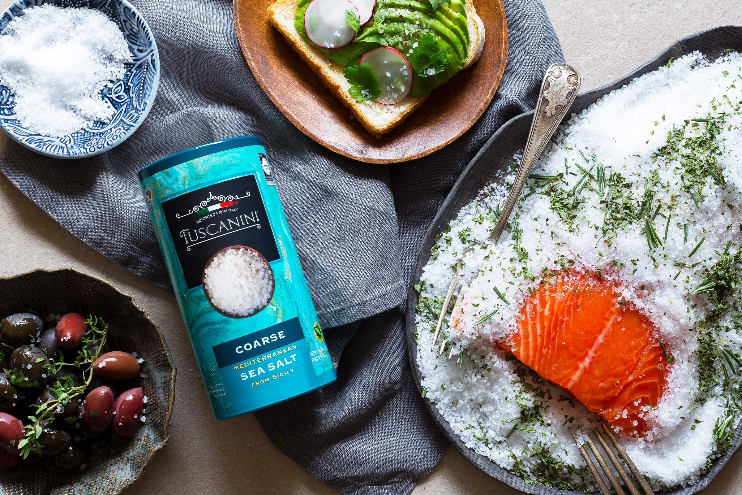 Tuscanini coarse salt on table adds rustic elegance to any meal.