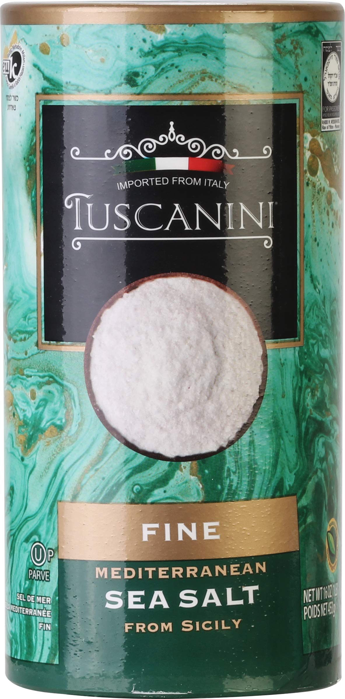 Tuscanini fine sea salt tube close-up for premium seasoning.