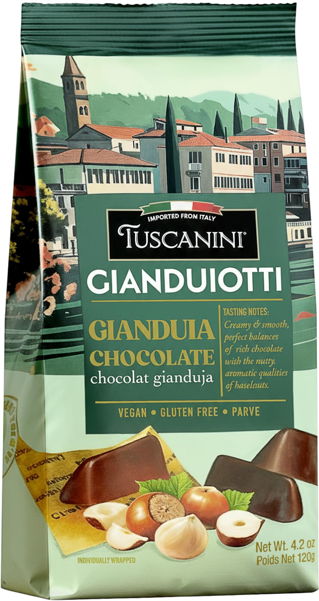 Tuscanini Gianduiotti chocolate piece, smooth hazelnut blend for a refined treat.