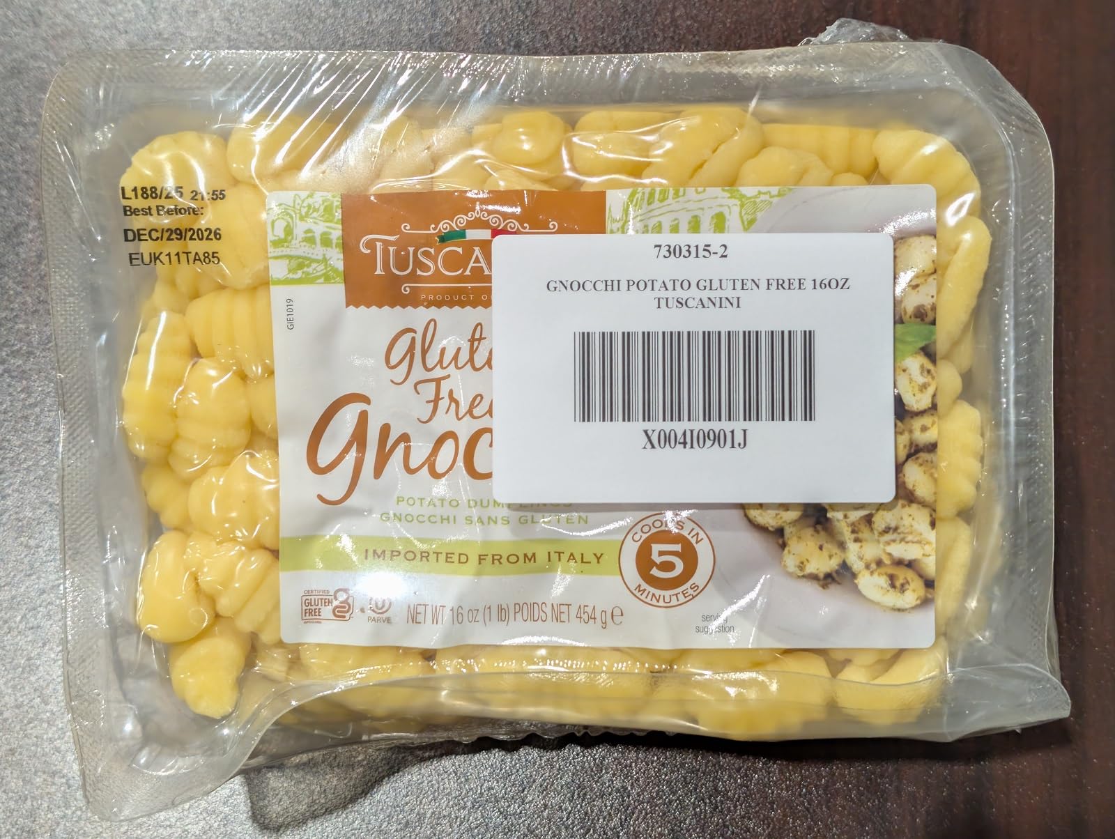 Tuscanini gluten free potato gnocchi package showing Italy import label.