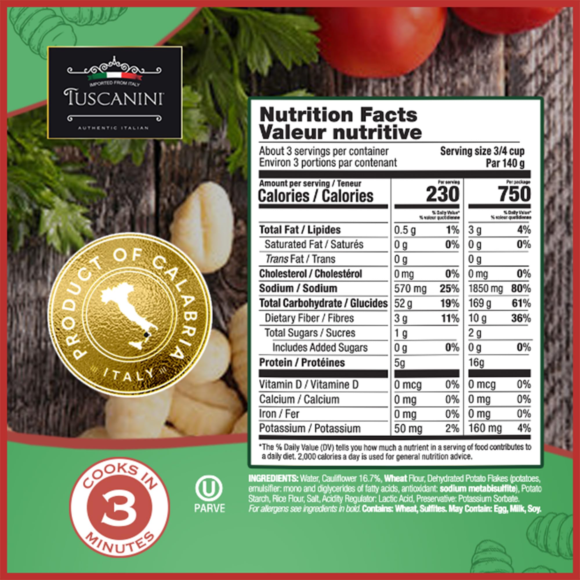 Raw Tuscanini gnocchi cauliflower-potato dumplings in vacuum-sealed packaging