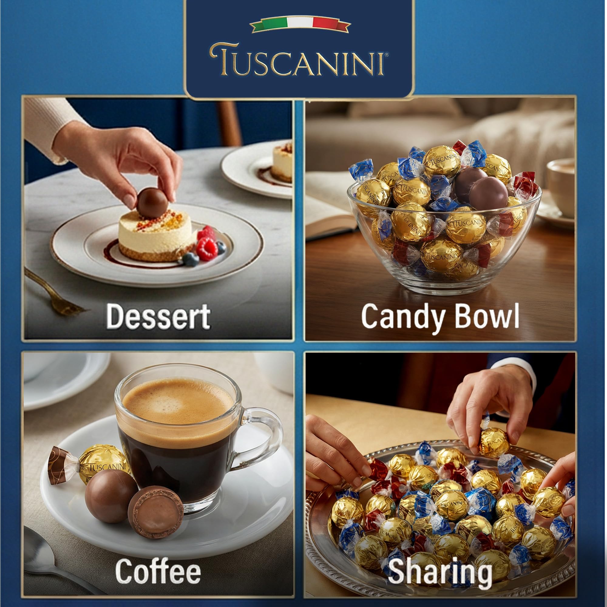 Tuscanini truffles imported from Lombardy, Italy, showcasing authentic Italian confectionery.