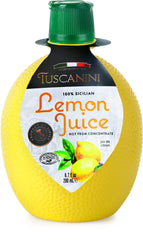 Tuscanini lemon juice bottle front label showcasing Sicilian origin and premium quality
