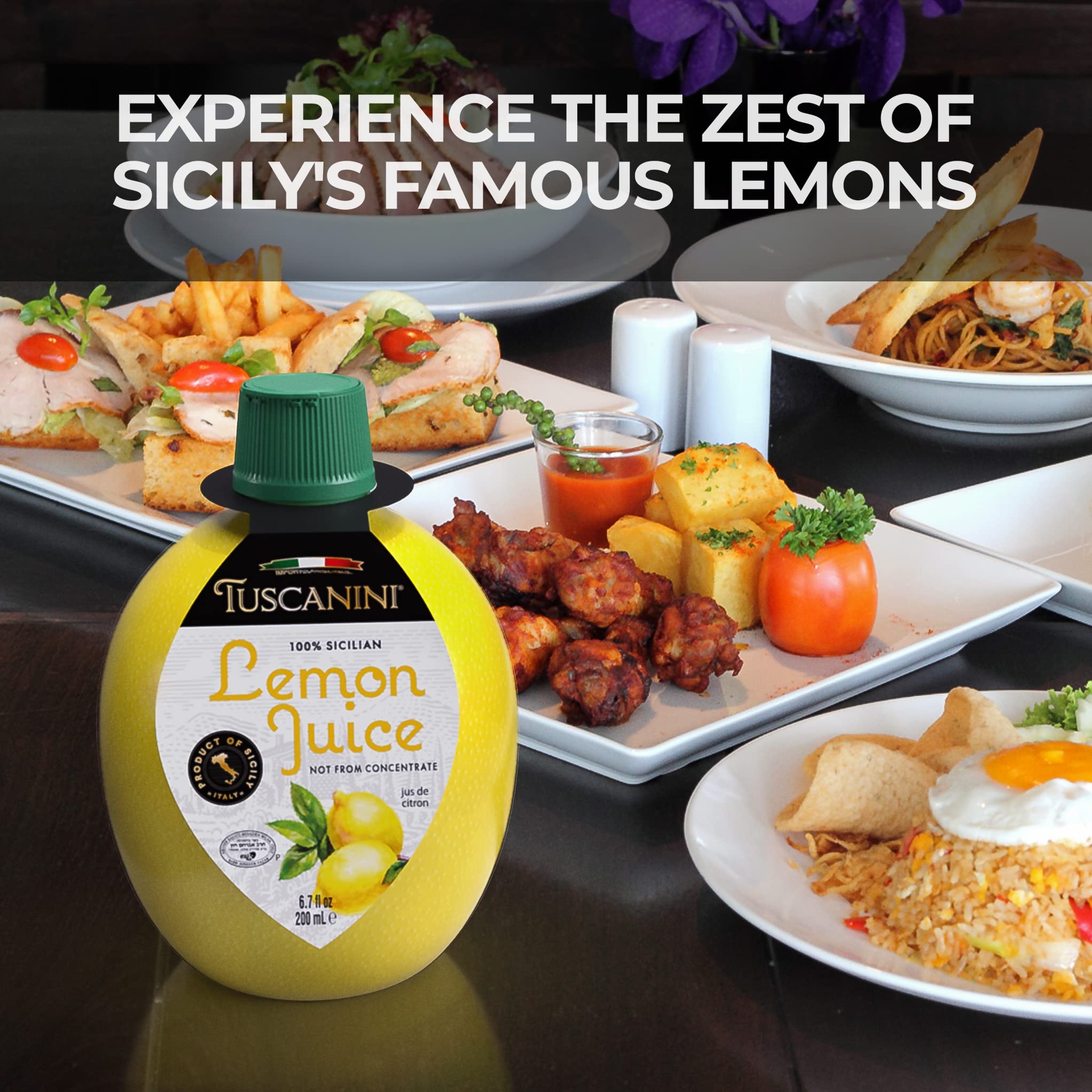 Kosher-certified Tuscanini lemon juice suitable for year-round use.