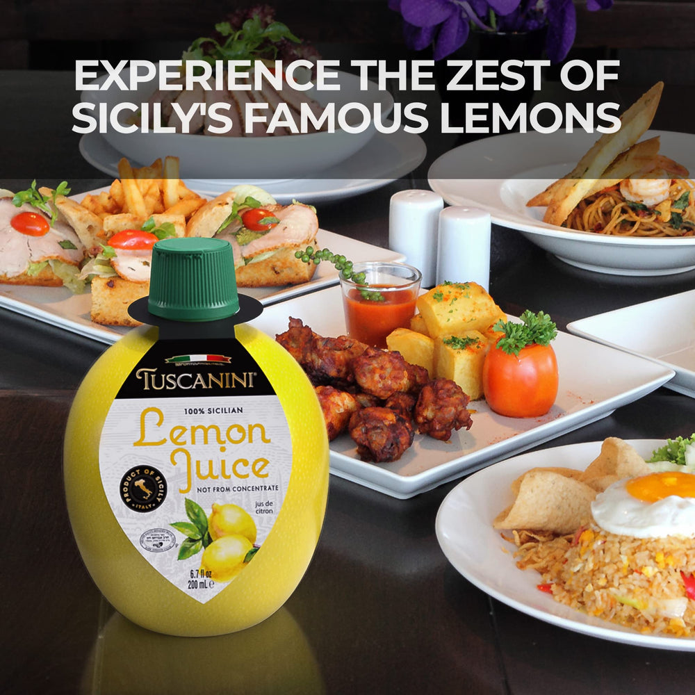 Kosher-certified Tuscanini lemon juice suitable for year-round use.