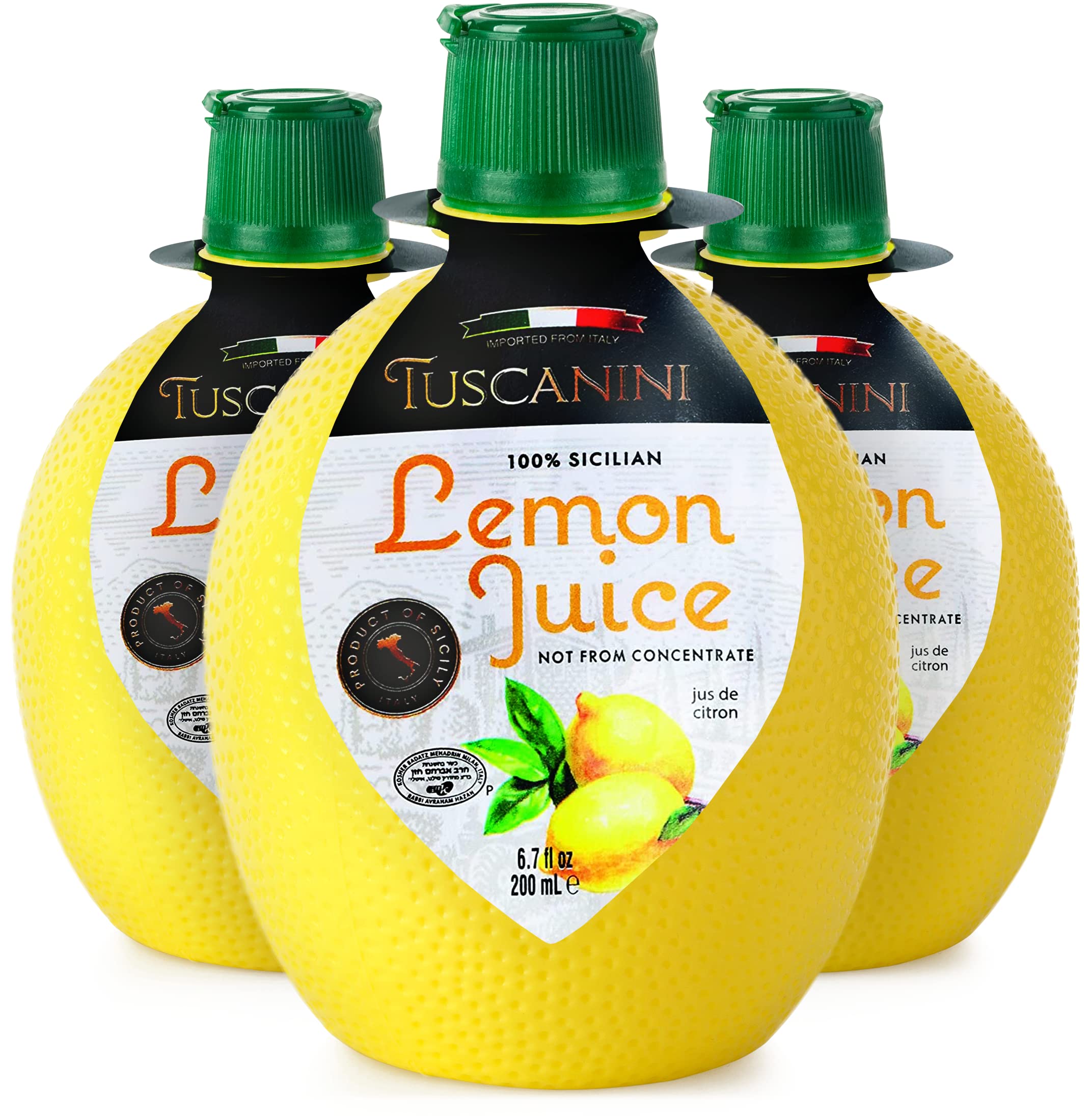 Tuscanini lemon juice bottle front view for fresh dressings and marinades.