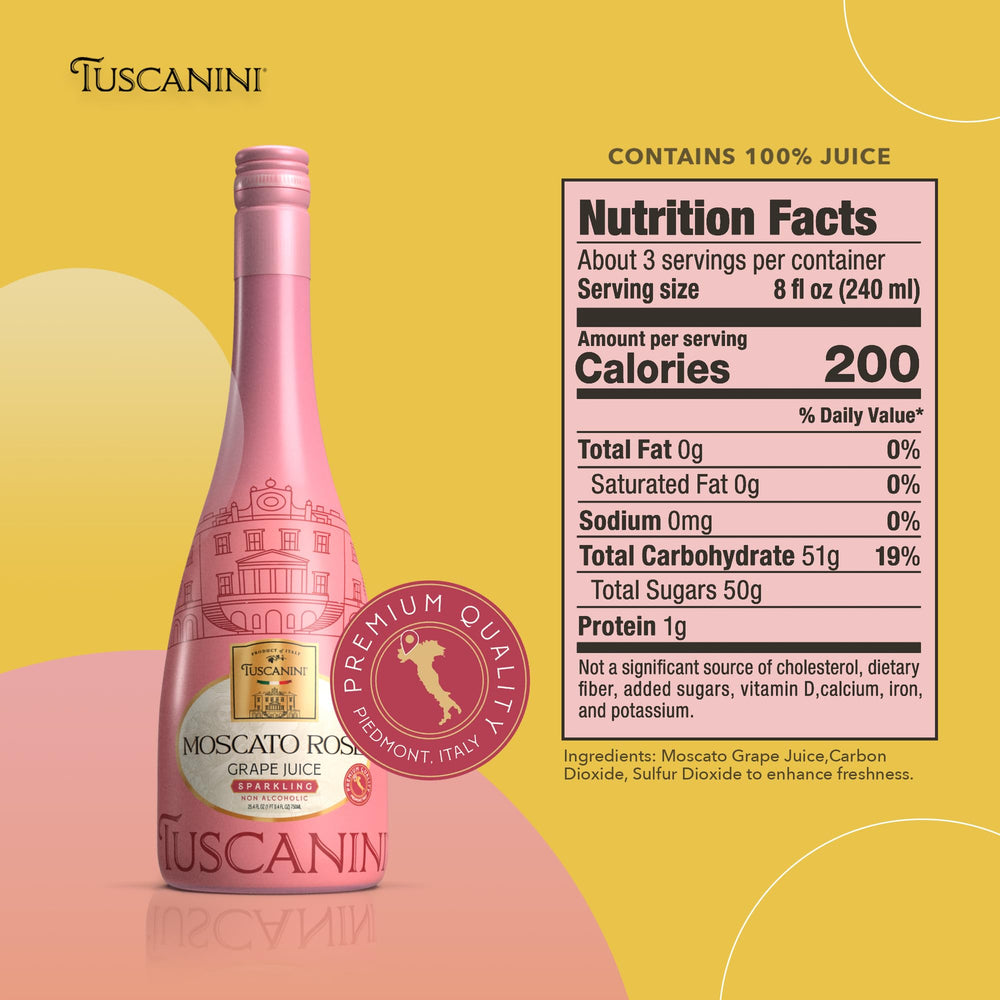 Tuscanini Moscato Rose sparkling pour, perfect for DIY mocktails and festive pours.