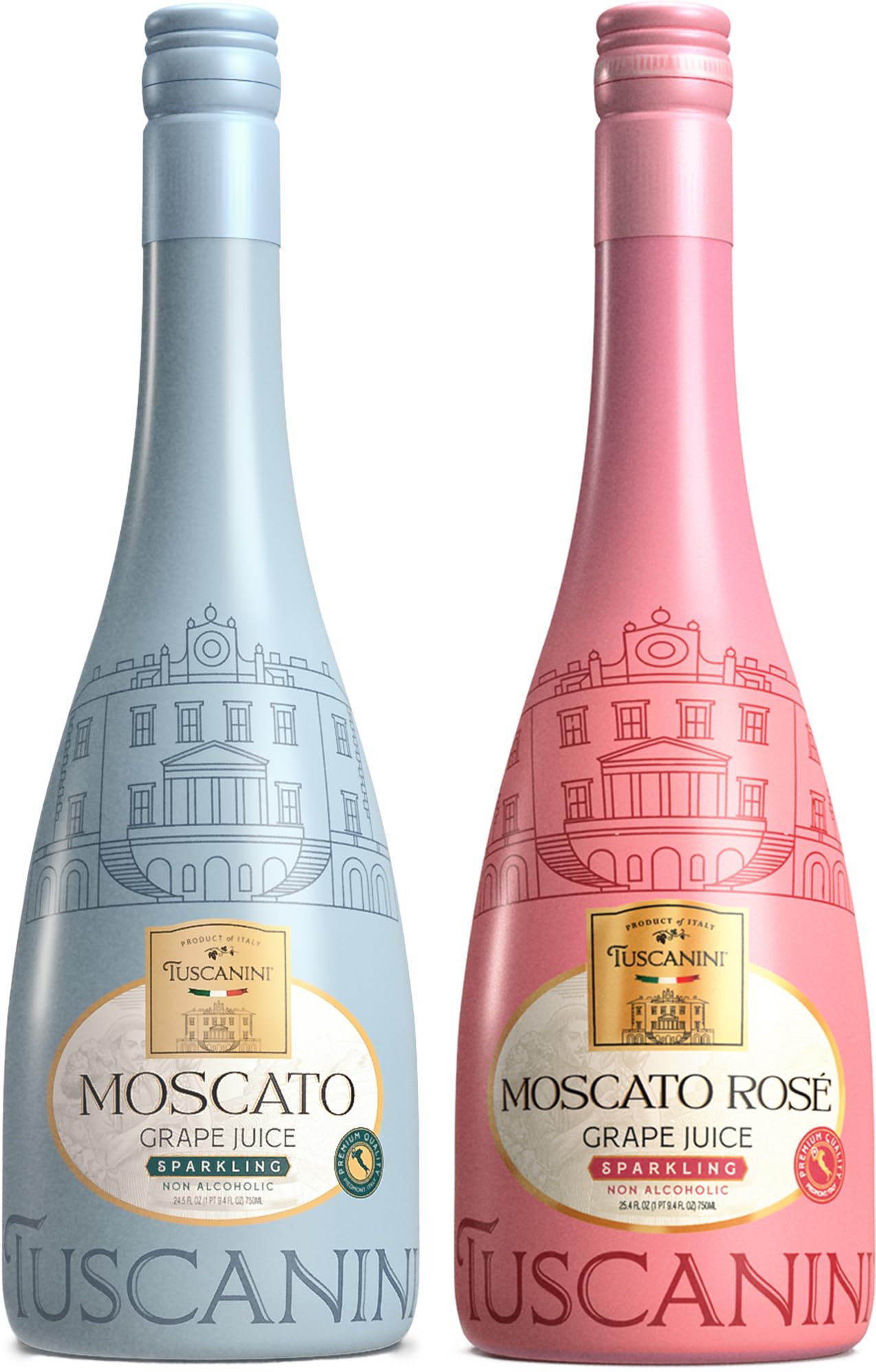 Tuscanini Moscato Sparkling Grape Juice bottle with bubbles, ideal for celebrations