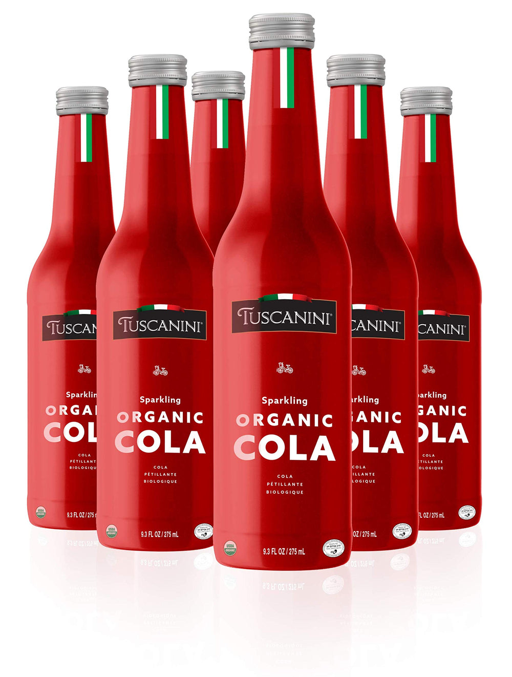 Tuscanini Organic Cola bottle front view, premium glass bottle for elegant at-home serving