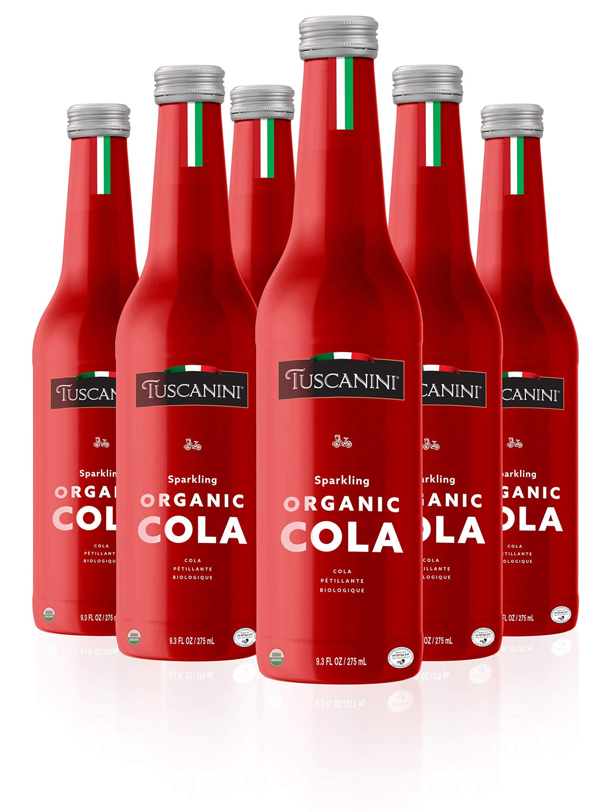 Tuscanini Organic Cola bottle front view, premium glass bottle for elegant at-home serving