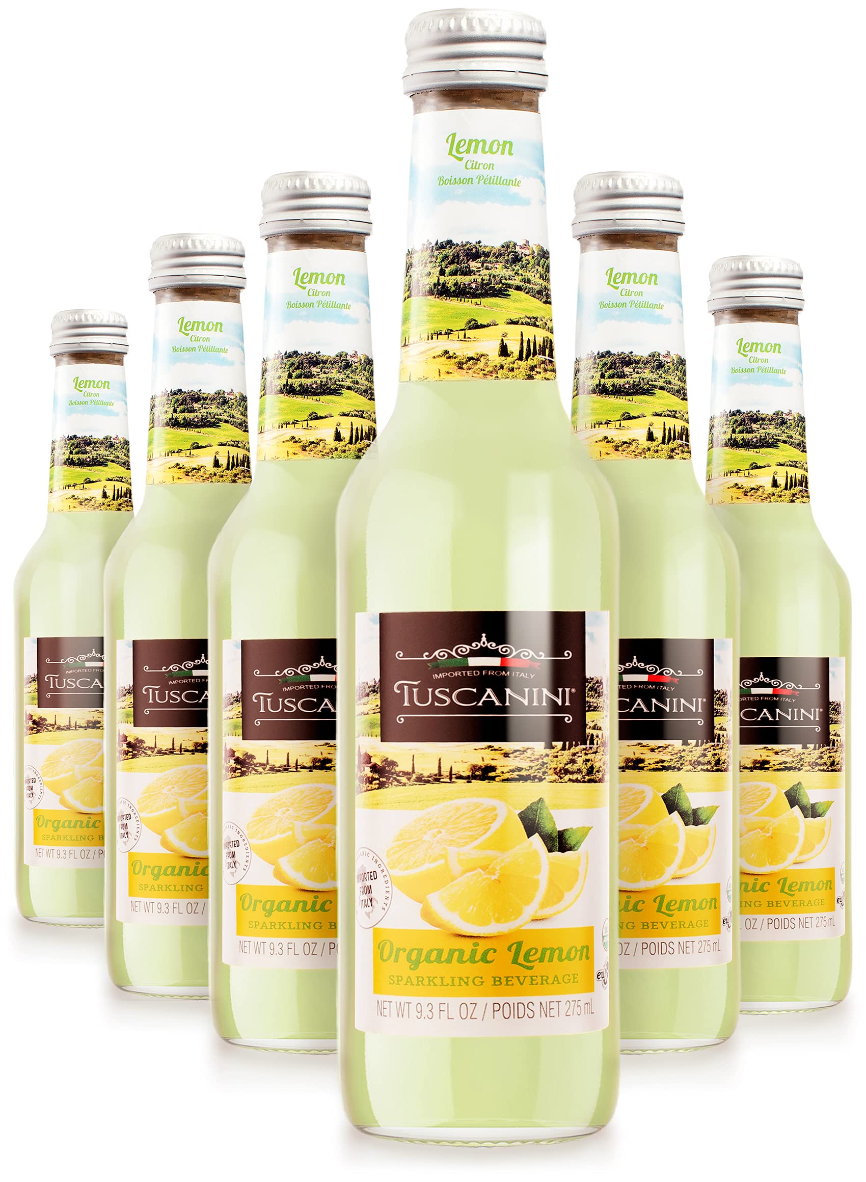 Tuscanini Organic Lemon Soda bottle pouring, highlighting 16% real juice and natural ingredients.