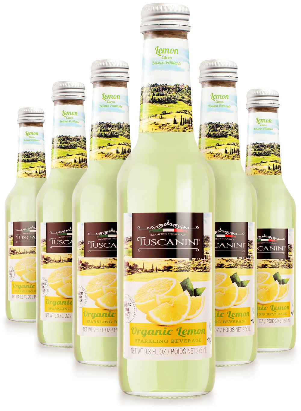 Tuscanini Organic Lemon Soda bottle pouring, highlighting 16% real juice and natural ingredients.