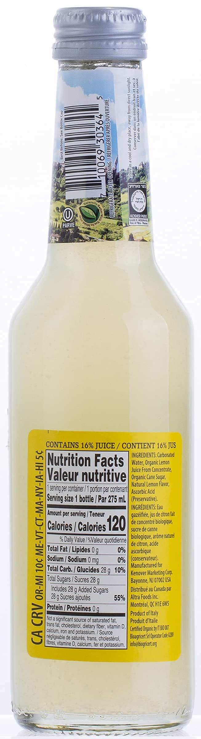 Tuscanini Organic Lemon Soda glass with ice, showcasing refreshing natural flavor.