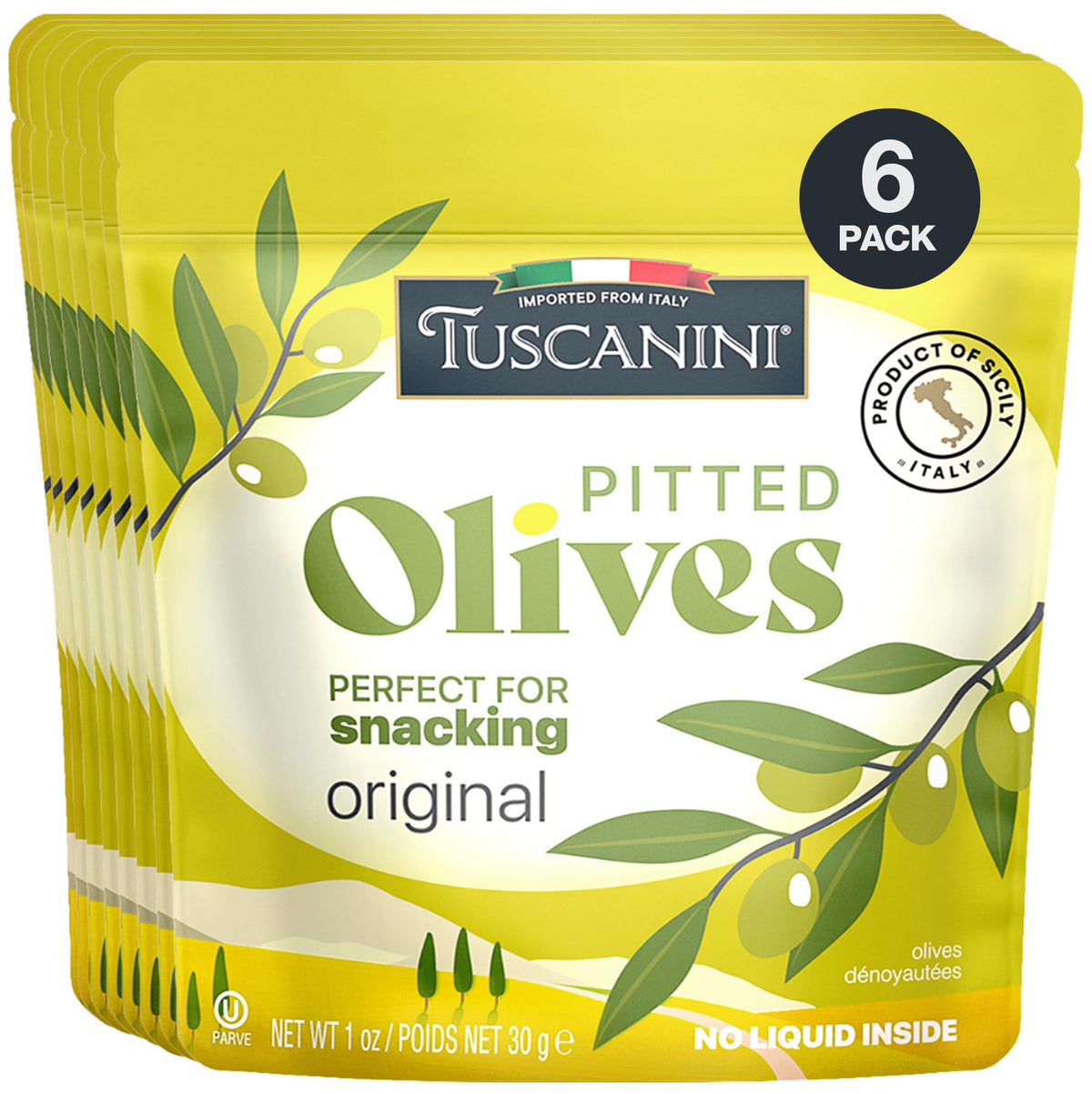 Tuscanini Original Olive Pouch — convenient, oil-free snack for on-the-go moments.