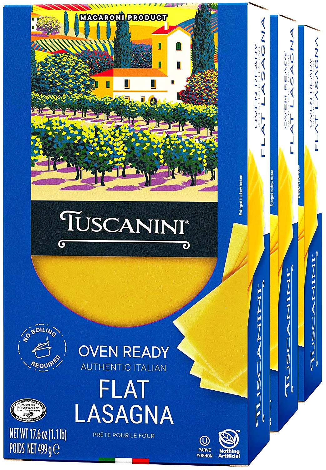 Tuscanini oven-ready flat lasagna box on counter, ready for effortless weeknight meals.