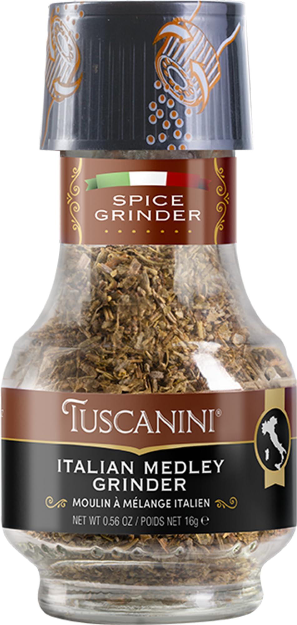Tuscanini Premium Italian Medley Spice Grinder bottle releasing fresh aroma for soups and sauces.