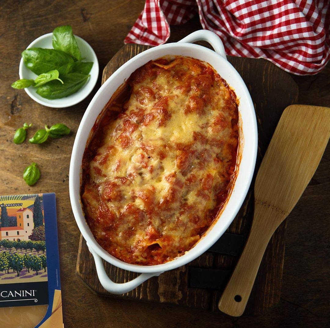 Tuscanini ready-to-bake lasagna plated after baking for serving.