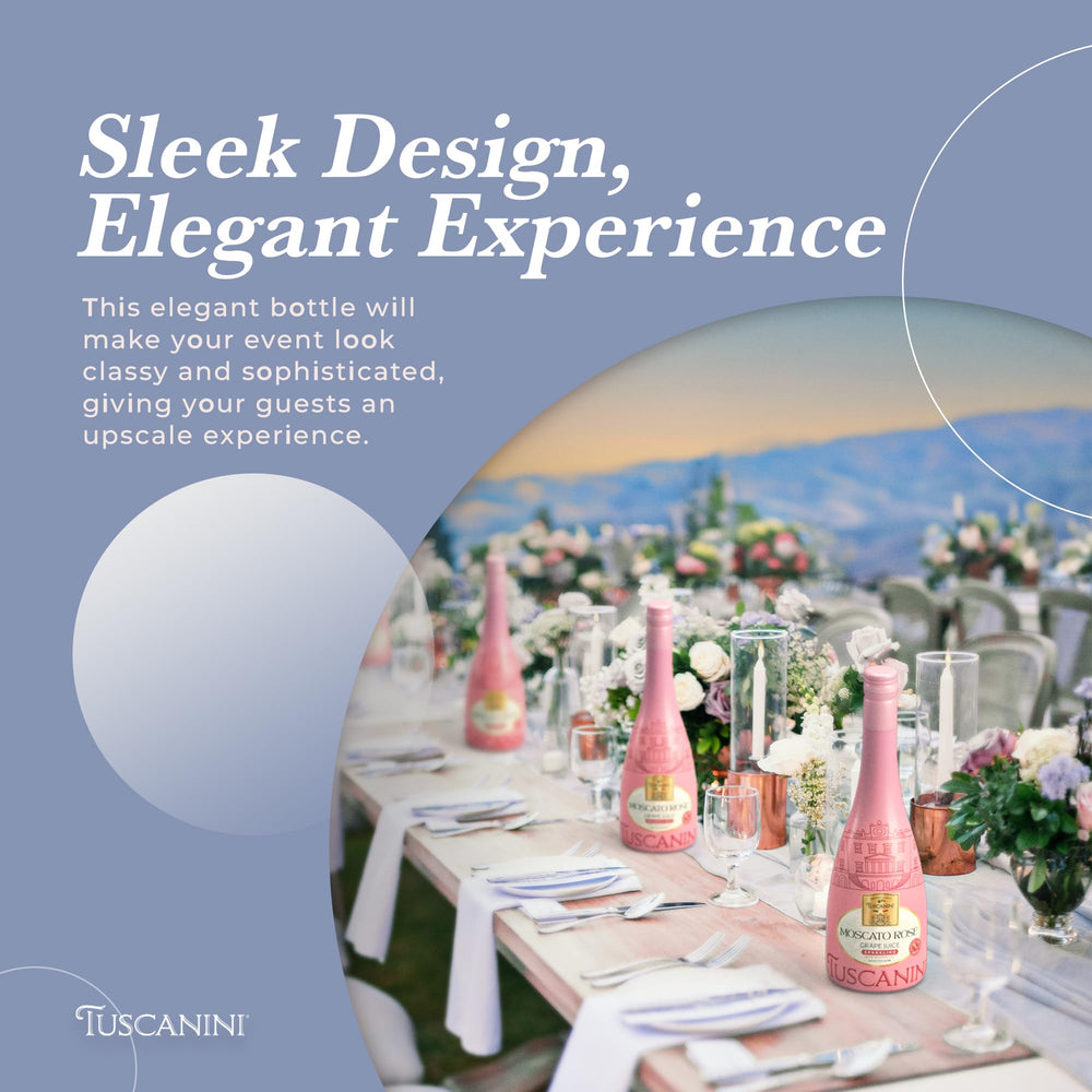 Tuscanini Rose sparkling elegant bottle on table, elevating celebrations with refined presentation.