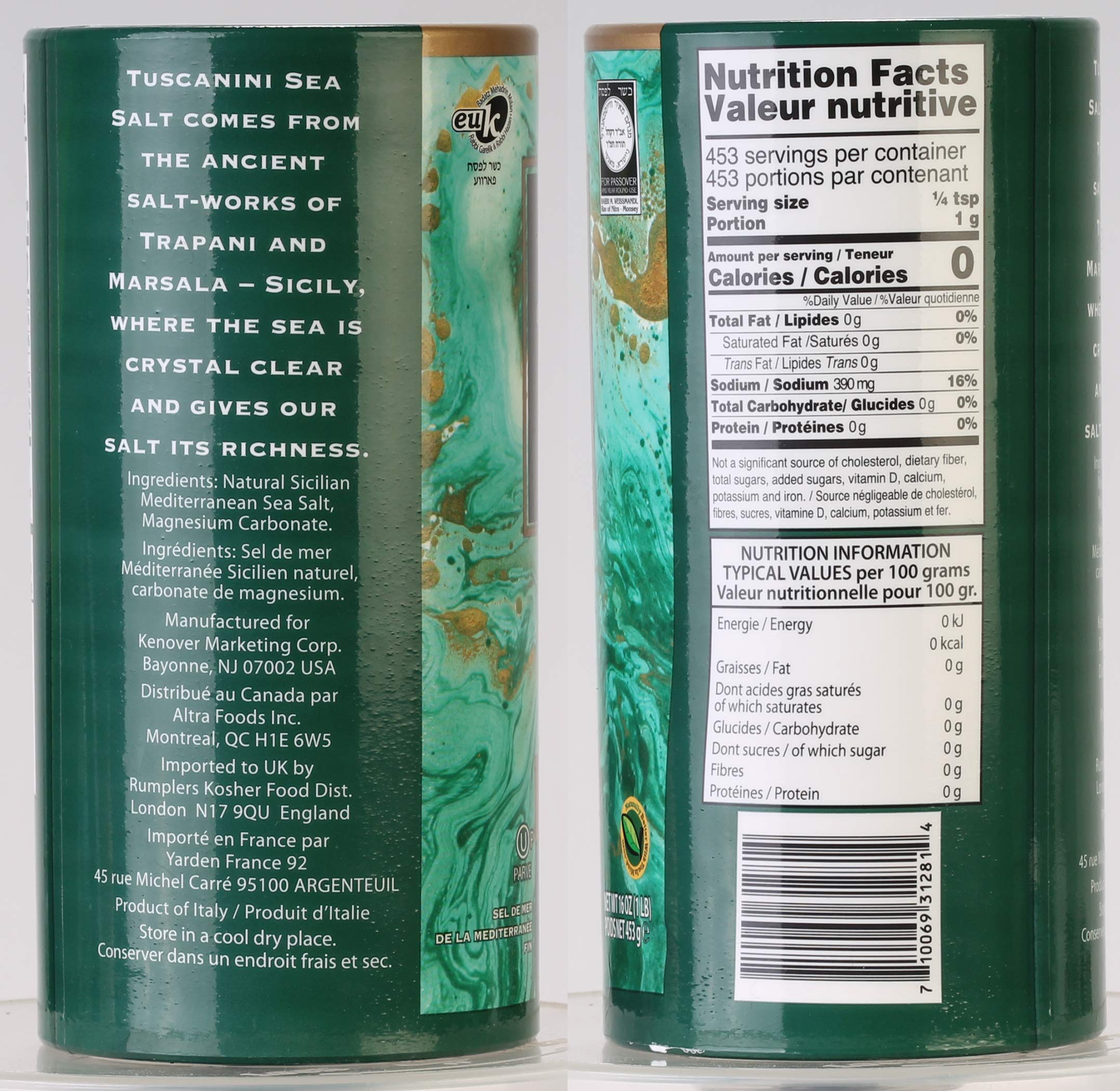 Tuscanini sea salt packaging display showing 16 oz tubes for home chefs.