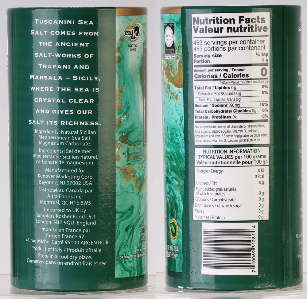 Tuscanini sea salt packaging display showing 16 oz tubes for home chefs.