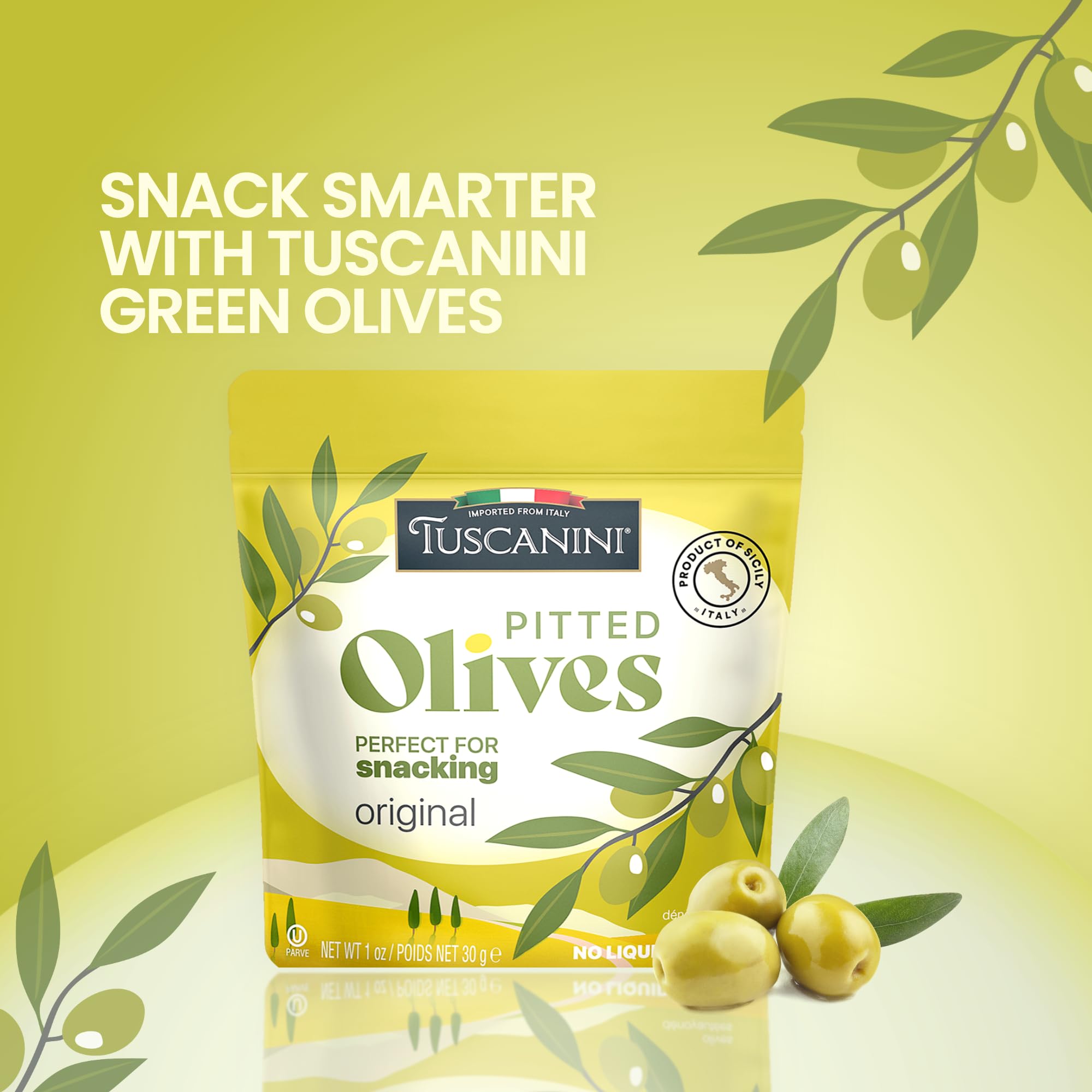 Tuscanini Snack Olives Portable pack – mess-free on-the-go snacking.