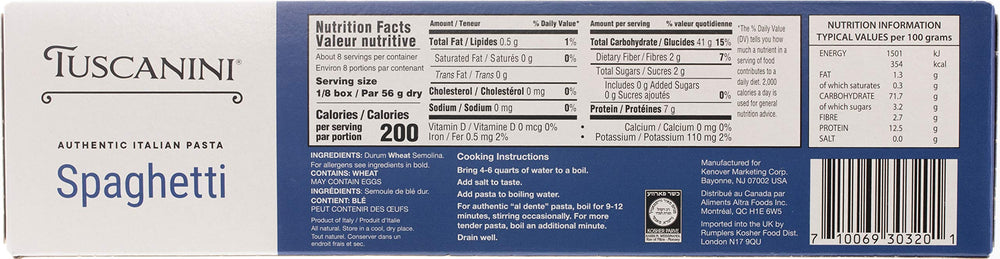 Tuscanini spaghetti pasta raw close-up emphasizing high-quality durum wheat for better al dente