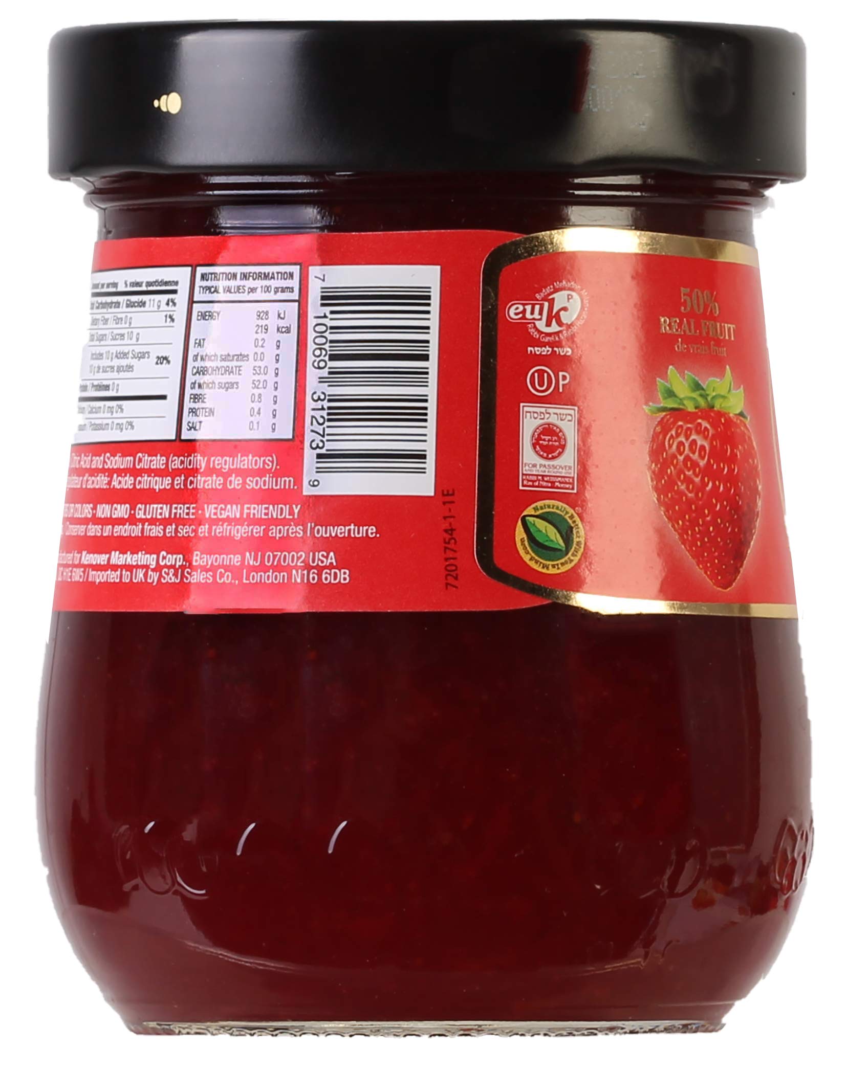 Tuscanini strawberry preserves pour from glass bottle demonstrating smooth glaze for desserts
