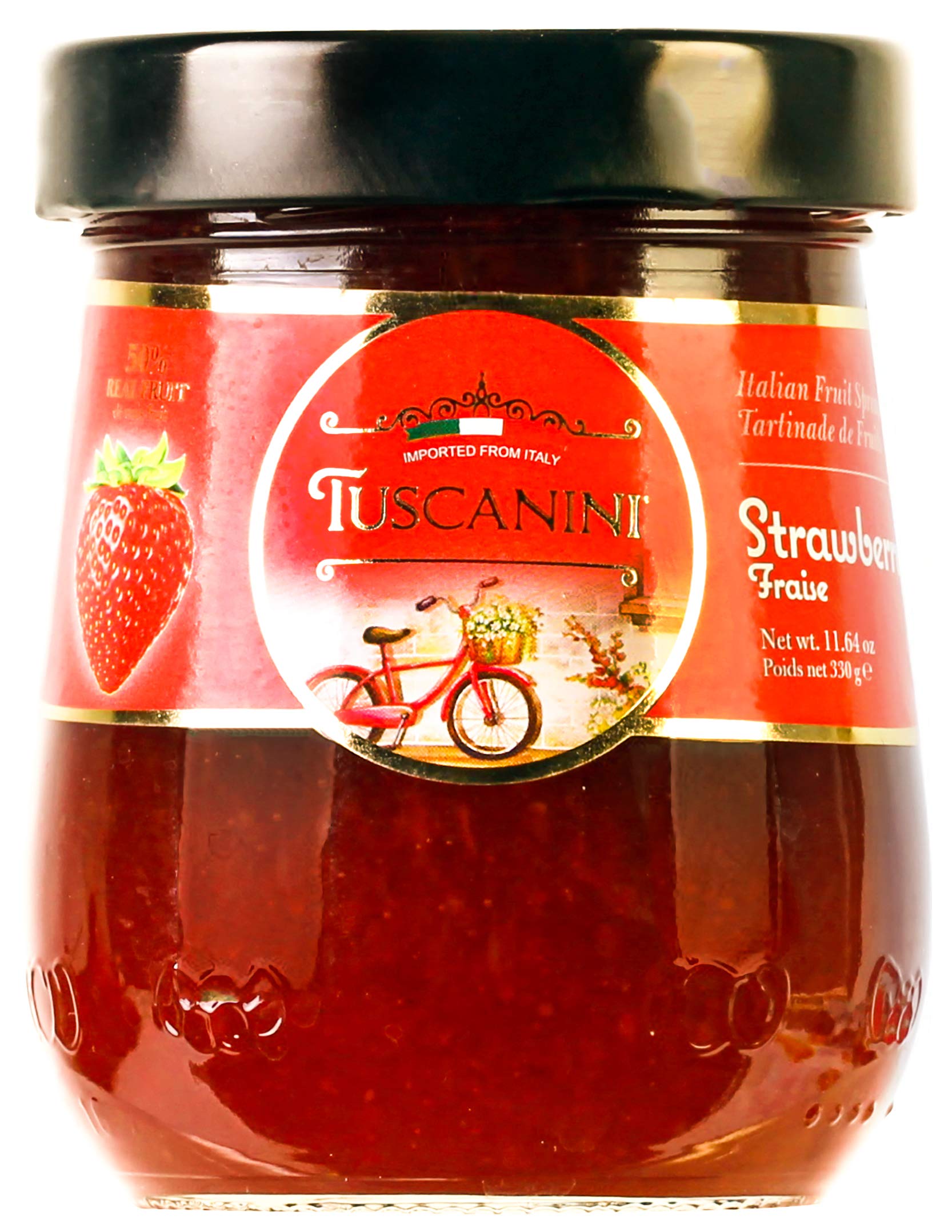Tuscanini strawberry preserves jar closeup highlighting real fruit for a flavorful breakfast