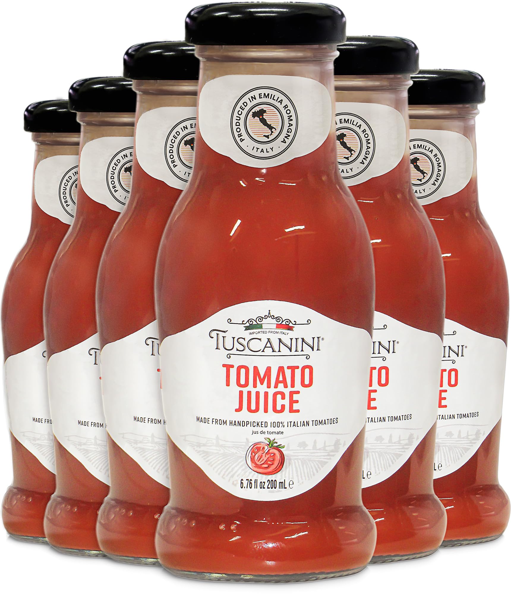 Tuscanini tomato juice bottle on counter, premium Italian flavor ready to sip.