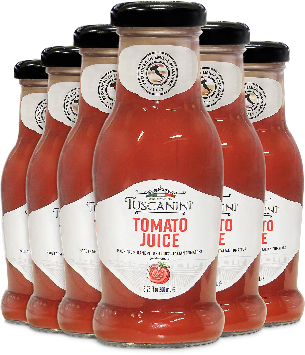 Tuscanini tomato juice bottle on counter, premium Italian flavor ready to sip.